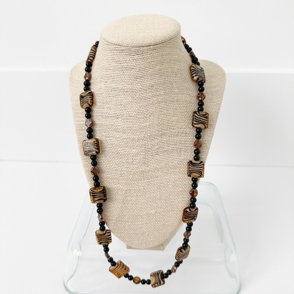 NWT Genuine Murano Glass & Black Onyx Necklace Beaded Black Brown Long
